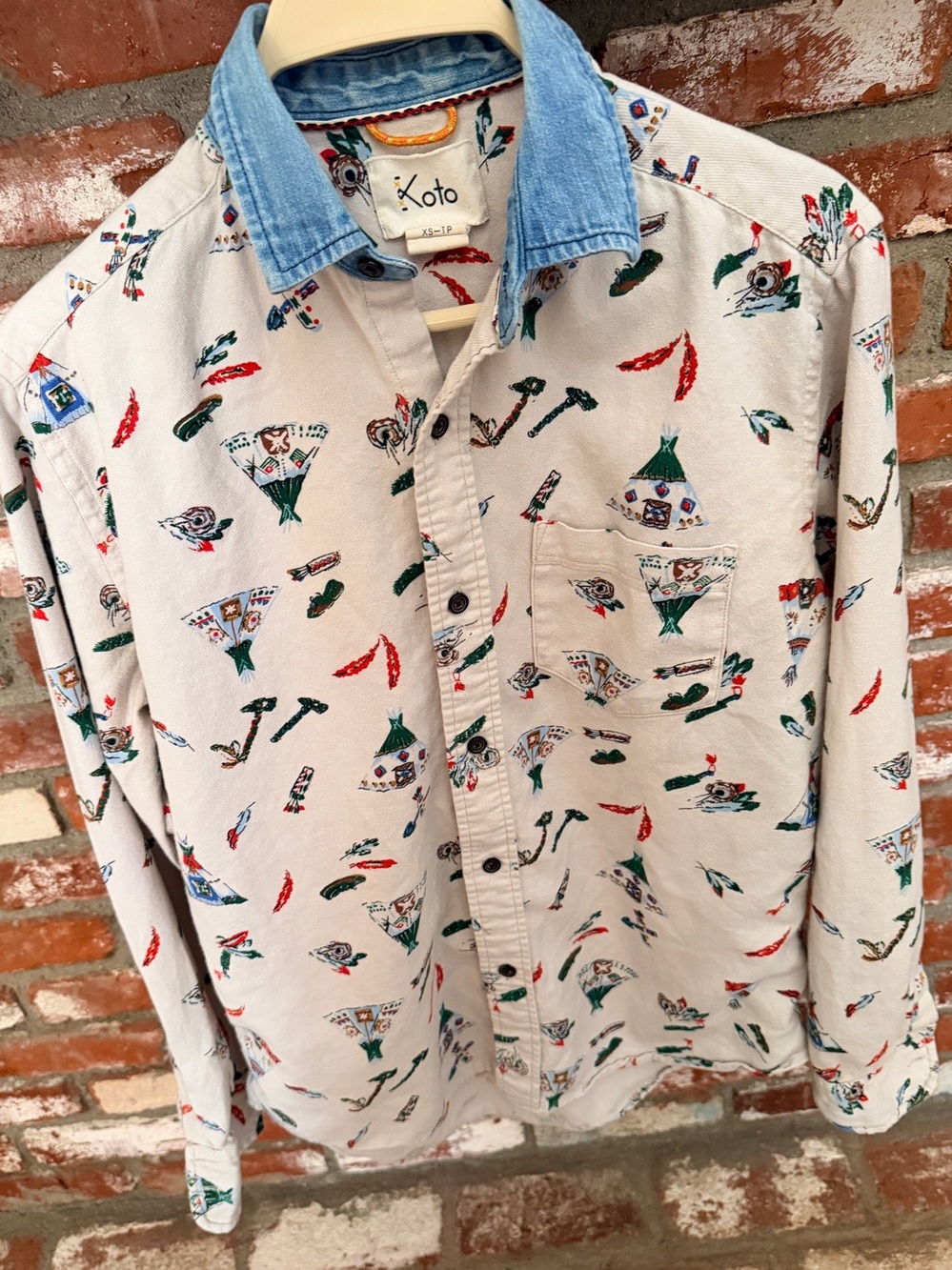 Koto Printed Button-Down Shirt with Denim Collar.Vintage Thrifted Americana